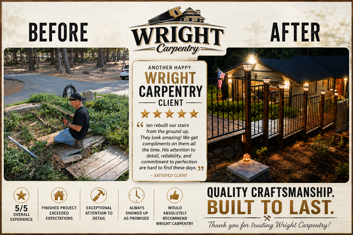 Before and after deck repair by Wright Carpentry in Pollock Pines
